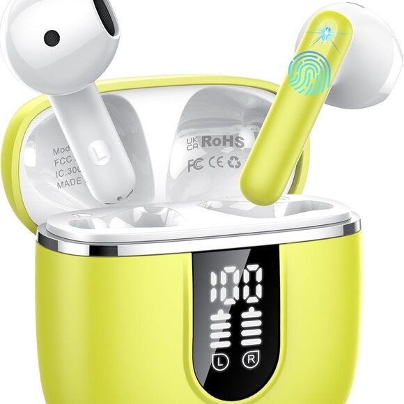 Yellow Wireless Earbuds 5.4 HiFi Stereo‎ ENC Mic IP7 Waterproof + LED Display - Picture 1 of 7